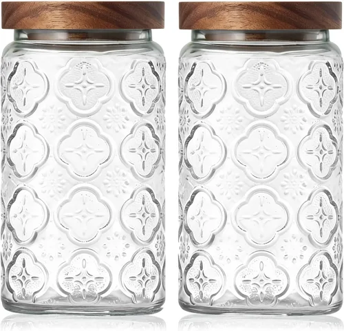 Vista 11 de Tarros de vidrio vintage con tapas de madera, recipiente hermético de almacenamiento de 34 onzas para cocina, despensa, baño, recipientes