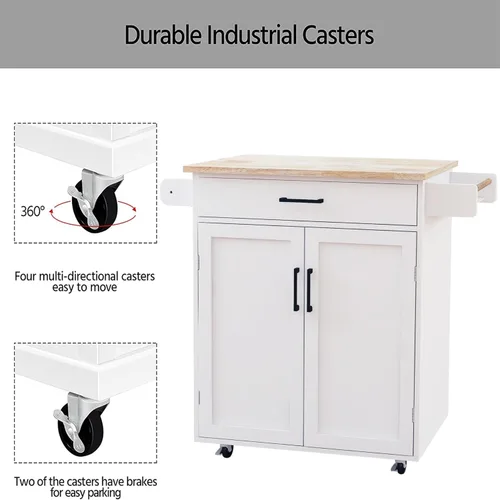 Vista 34 de RASOO Isla de cocina con almacenamiento, carrito de cocina blanco rodante sobre ruedas, estante ajustable, carrito de isla de madera maciza de goma