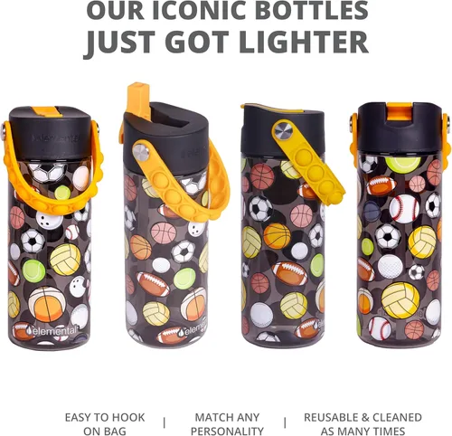 Vista 104 de Elemental Botellas de agua para niños – Botella de agua para niños Splash para la escuela con mango Pop-it – Botella de agua de plástico Tritan sin