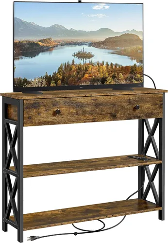 Vista 10 de Yaheetech Soporte de TV con tomas de corriente, centro de entretenimiento con cajón, mesa consola multimedia para TV de hasta 45 pulgadas con Gris