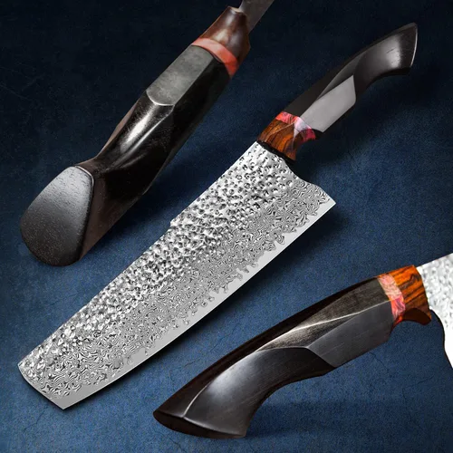 Vista 2 de Cuchillo de chef nakiri de 7.9 pulgadas, hoja de acero de damasco hecho a mano, mango de ébano, cuchillo de cocina de estilo japonés con funda