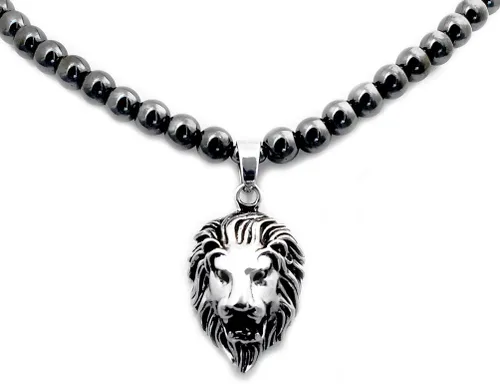Collar de cuentas redondas de terapia de hematita y piedra curativa para hombre con colgante de cabeza de león de acero inoxidable