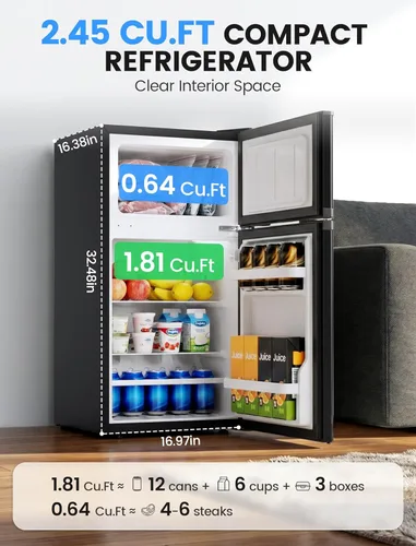 Vista 2 de COWSAR Refrigerador de dormitorio de 2.5 pies cúbicos con congelador, refrigerador compacto de doble puerta reversible con 2 estantes extraíbles