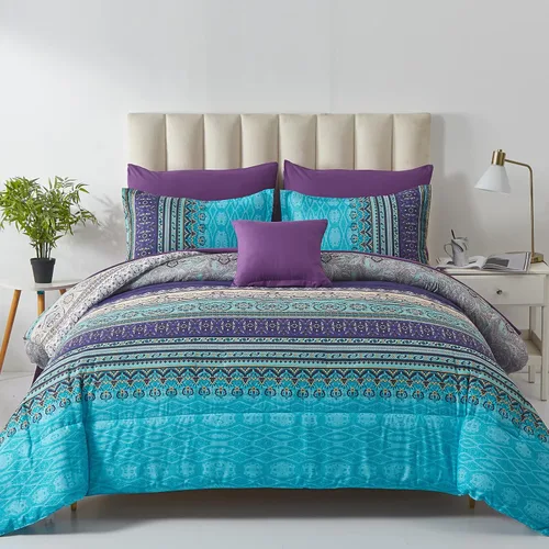 Cottolester - Juego de edredón bohemio de tamaño matrimonial, 8 piezas, ropa de cama de microfibra suave en una bolsa, rayada y de color aguamarina,