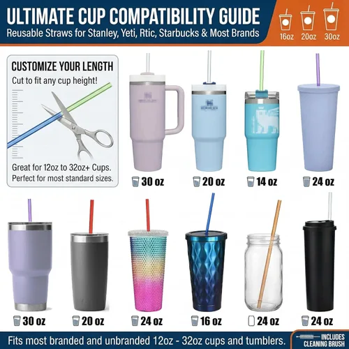 Vista 3 de Pajitas de plástico de 10.5 pulgadas reutilizables, de color, para vasos Tervis, Yeti, Signature, juego de 10 con cepillo de limpieza