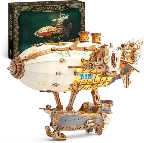 Vista 8 de FUNPOLA Rompecabezas de Madera LED 3D Modelo de Dirigible de Fantasía - Kit de Manualidades Steampunk DIY con Luces LED - Conjunto de Construcción