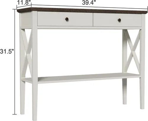 Vista 2 de ChooChoo Mesa consola de granja con cajones, mesa estrecha de madera para sofá, mesa de entrada con estante de almacenamiento para entrada, pasillo