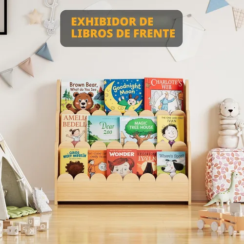 Vista 5 de SpaceAid - Estantería de 3 niveles con forma de escalope, estantería Montessori para niños pequeños, estantería de madera para organizar libros