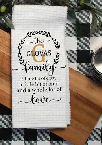 Vista 6 de Family Monogram - A Little Bit Of Crazy - Kitchen Towel - Personalized with any name. Microfiber White Waffle Weave Towel. 16 x 24 in. Absorbent, No