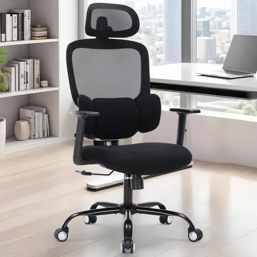Vista 6 de Silla de oficina ergonómicas con soporte lumbar ajustable y reposacabezas, sillas de escritorio de malla con respaldo alto de malla, reposabrazos