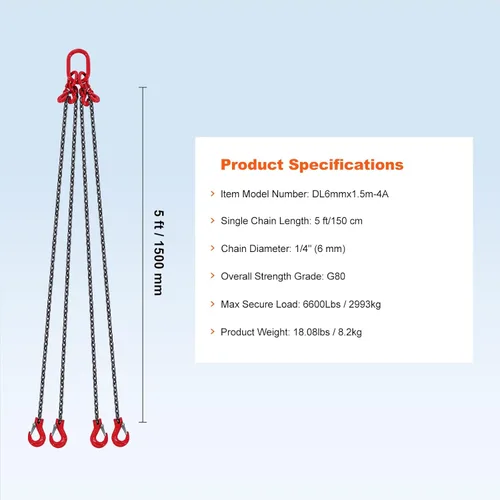 Vista 7 de VEVOR Eslinga de cadena, cadenas de elevación de 1/4 pulgada x 5 pies con ganchos, polipasto de cadena de motor G80, eslinga de elevación de 6600