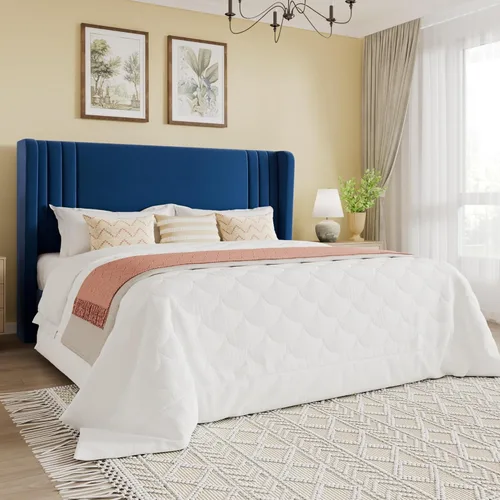 Vista 10 de SHA CERLIN Base de cama tapizada de terciopelo de tamaño matrimonial con cabecera de ala capitonada de canal vertical, soporte de listones