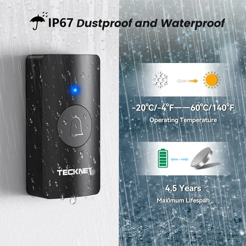 Vista 4 de TECKNET Timbre inalámbrico 1312FT, timbre de puerta impermeable IP67 para aulas, timbre de puerta alimentado por batería, 60 melodías, 5 niveles