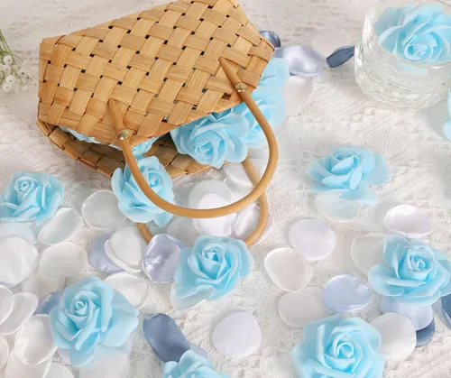 Vista 3 de 100 rosas artificiales de espuma azul bebé, flores artificiales de espuma azul, rosas falsas sin tallo para bricolaje, centros de mesa, arreglos