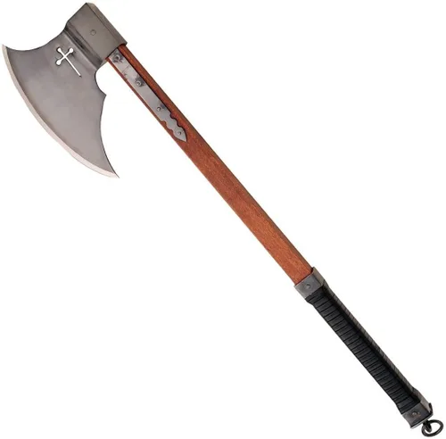 Vista 3 de Windlass Hacha cruzada forjada a mano – Cabeza de acero de alto carbono con cruz perforada, agarre y cubierta de cuero, Tomahawk de batalla medieval