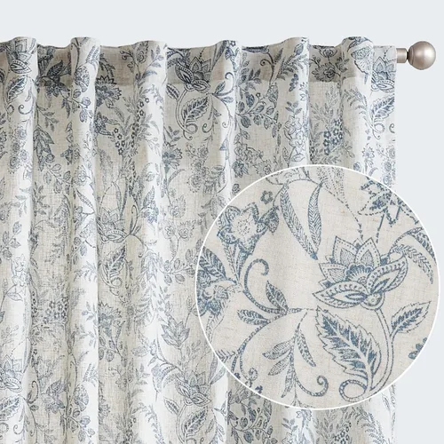 Vista 7 de Lazzzy Cortinas de Lino Estilo Granja Estampado Floral Negro de 63 Pulgadas de Largo, Cortinas con Pestaña Trasera para Sala de Estar y Dormitorio