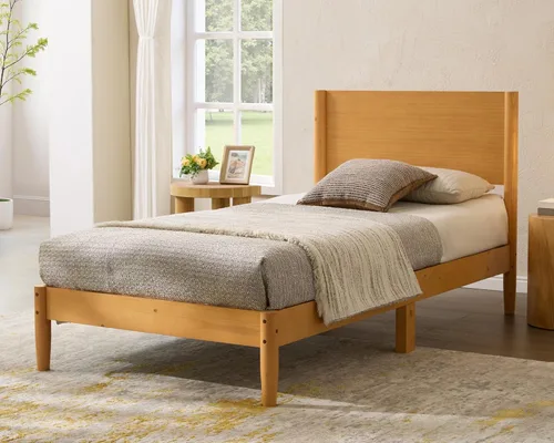 Vista 14 de AMERLIFE Marco de cama individual de madera maciza, cama de plataforma moderna de mediados de siglo con cabecera de panel completo, patas