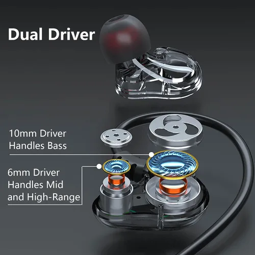 Vista 6 de Auriculares con cable de doble controlador con micrófono y graves extra, auriculares con cable, auriculares con enchufe de 0.138 in, auriculares