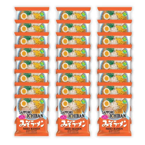 [SAPPORO ICHIBAN] Fideos de ramen sabor a miso, fideos instantáneos japoneses de sabor n.º 1 (3.5 onzas x 24 bolsas)