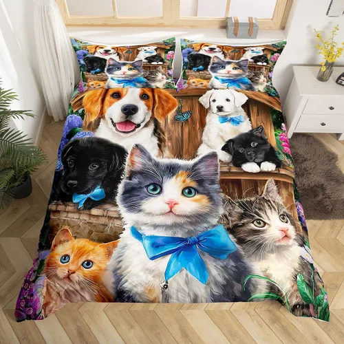 Vista 29 de Juego de ropa de cama estampada con diseño de perro y mi lado, tamaño King, diseño de pareja, color negro y blanco, juego de ropa de cama de perro