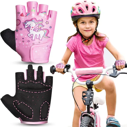 RIGWARL Guantes de bicicleta para niños de 2 a 9 años, guantes sin dedos para niños con cojín protector, guantes de entrenamiento ajustables para