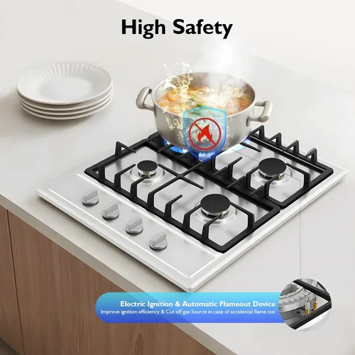 Vista 4 de Placa de cocina de gas de 4 quemadores, convertible de GN/LPG, cocina de gas de acero inoxidable de 24 pulgadas con protección de termopar