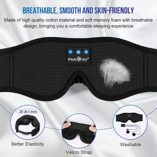 Vista 3 de MUSICOZY - Auriculares para dormir 3D Bluetooth 5.4, máscara de ojos transpirable inalámbrica, auriculares para dormir con diadema para personas que