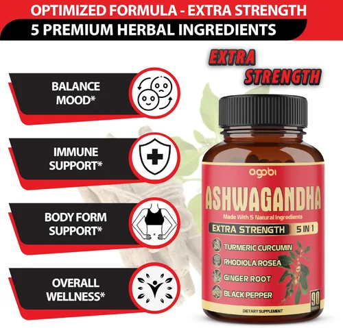 Vista 3 de Cápsulas de Ashwagandha 5 en 1, equivalentes a 5200 mg de polvo, combinadas con cúrcuma, jengibre, pimienta negra y rodiola, suplemento de apoyo