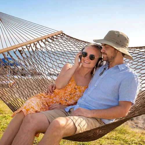 Vista 25 de SUNCREAT Hamaca de doble cuerda con barra separadora, bolsa de transporte, capacidad de 450 libras, hamaca para dos personas con ganchos para Beige