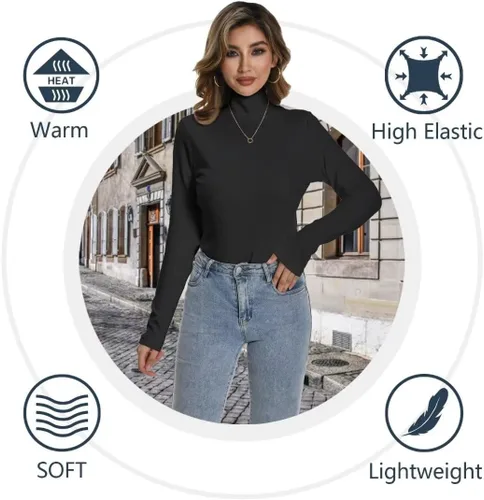Vista 3 de Paquete de 2 o 3 camisas térmicas de manga larga con cuello de tortuga para mujer, con forro polar, cuello alto falso, suéter de capa base
