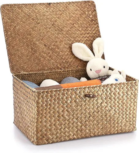 Vista 28 de Hipiwe Cesta de mimbre extra pequeña con tapa, cestas de almacenamiento de hierba marina natural, caja organizadora para el hogar, cesta