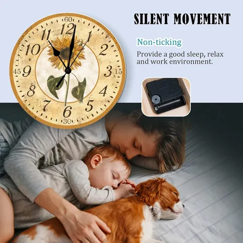 Vista 6 de Reloj de pared de crisantemo, girasoles, reloj de pared sin tictac, reloj de pared de 10 pulgadas, funciona con pilas, moderno reloj redondo
