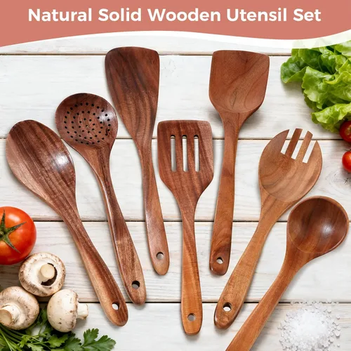 Vista 8 de Cucharas de madera para cocinar, juego de 7 utensilios de cocina de madera, juego de utensilios de madera de teca natural suave, utensilios
