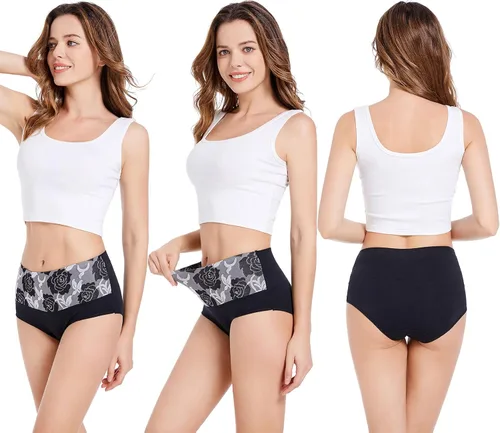 Vista 2 de HAVVIS Bragas Ropa Interior de Mujer de Algodón Cintura Alta Control Abdominal Panties Rosa Jacquard para Damas Multipack