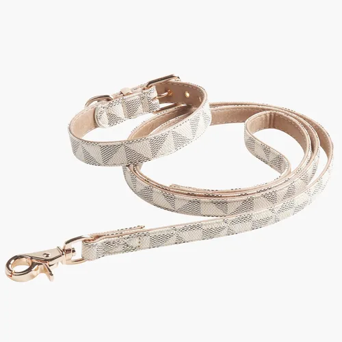 Vista 6 de KUDES - Collar de cuero para perro y correa de 4 pies, collar básico ajustable con patrón de campana a cuadros, collar y correa de cuero duradero