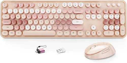 Vista 11 de HotFox Combo de teclado y ratón inalámbrico, teclado retro de tamaño completo tipo máquina de escribir con teclas redondas, diseño ergonómico