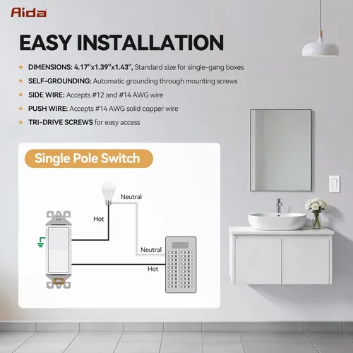 Vista 4 de AIDA Interruptor de Luz Decorativo Basculante de Un Solo Polo, Interruptores de Luz Eléctricos con Conexión a Tierra Automática de 15 Amperios