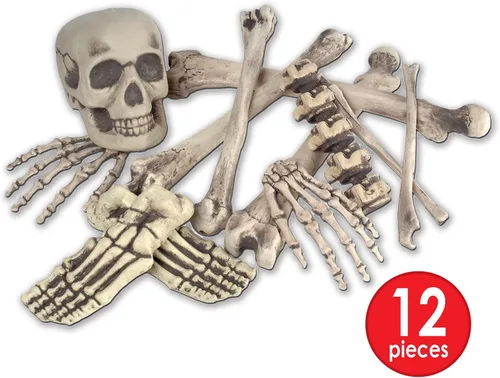 Vista 2 de Decoración de esqueleto para Beistle de 12 piezas de plástico, huesos de esqueleto y calavera de terror, decoración de casa embrujada, suministros