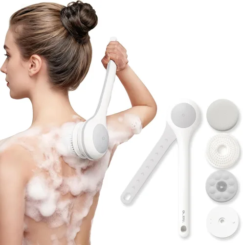 Vista 9 de Cepillo corporal eléctrico para ducha, resistente al agua, de doble mango con 3 cabezales, cepillo de baño y 2 velocidades, para limpiar, exfoliar