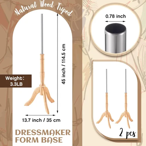 Vista 2 de Leinuosen Juego de 2 soportes de maniquí de madera, trípode, modista, forma de base, soporte para vestido de 45 pulgadas, compatible con la mayoría