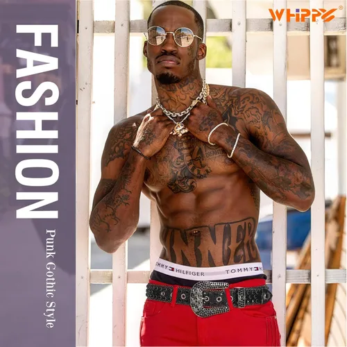 Vista 2 de WHIPPY Cinturón de diamantes de imitación para hombres y mujeres, cinturón de cuero occidental, hebilla ancha, cinturón de vaquera, con tachuelas