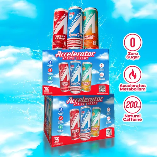 Vista 4 de Accelerator Bebida energética activa sin azúcar, cero carbohidratos, paquete variado y algodón de azúcar, lata de 12 onzas