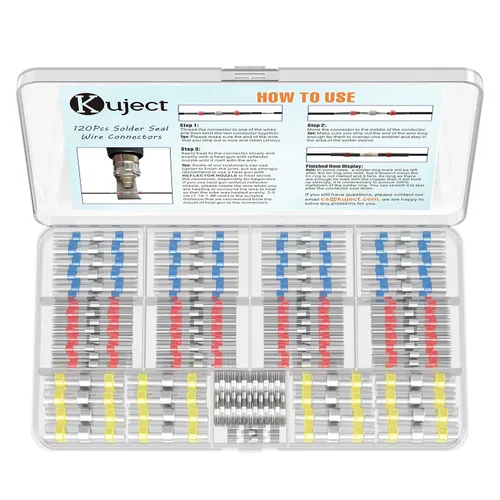 Kuject Kit de Conectores de Cable de Sellado de Soldadura Termorretráctil 120 PCS, Conector de Tope Impermeable Terminales Eléctricos