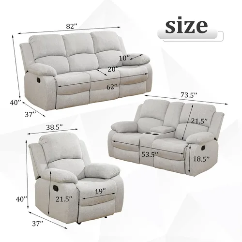 Vista 23 de Juego de sofá reclinable para sala de estar, juego de muebles de 2 piezas, sofá reclinable de 3 asientos y sofá biplaza con portavasos y consola