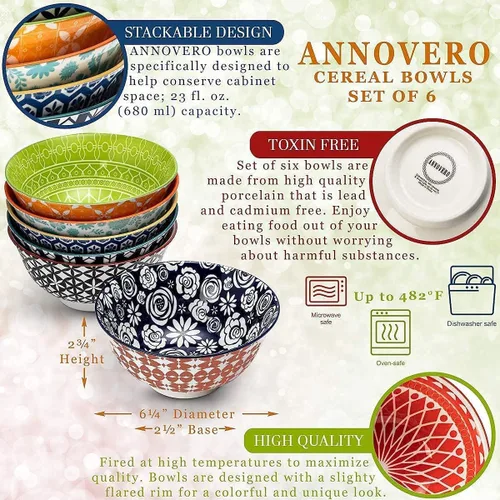 Vista 7 de Annovero Cuencos de cereales, tazas de postre Platos de cocina para servir Apto para microondas Vajilla de porcelana colorida