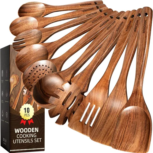 Vista 9 de Kikcoin Juego de utensilios de cocina de madera, 7 cucharas de madera maciza de teca para cocinar con mango largo, juego de utensilios de cocina