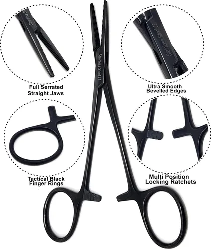 Vista 2 de Juego de 2 pinzas para hemostato de mosquito de 5 pulgadas rectas y curvadas con mandíbulas dentadas completas y hechas de acero inoxidable de alta