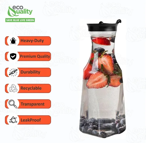 Vista 2 de EcoQuality Jarra de agua de plástico transparente de 54 onzas con tapa superior abatible negra, botella de base cuadrada con boquilla para barra
