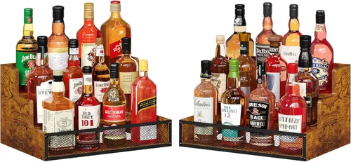 Vista 9 de Estante de exhibición de botellas de licor de 3 pasos para encimera, estantes de bar de madera para 12 botellas con cercas, estantes