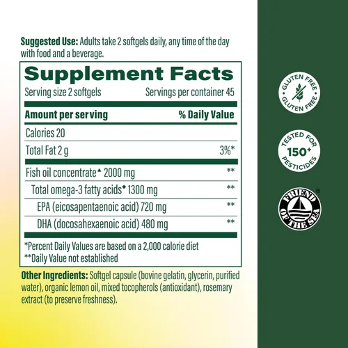 Vista 2 de MegaFood Suplementos Omega 3 de aceite de pescado de 2000 mg – Sin eructos y aceite de limón infundido – Suplemento de apoyo para corazón, cerebro